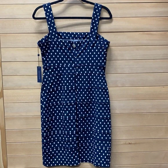 NWT Tommy Hilfiger MIDI Bodycon Navy and White Polka Dot Dress - Picture 2 of 7